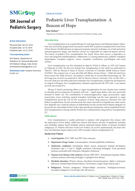 Pediatric Liver Transplantation- a Pediatric Surgery Beacon of Hope Simi Mohan1* 1Department of Pediatrics, Dr