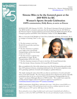 Simone Biles to Be the Featured Guest at the 2019 WIN for KC Women's Sports Awards Celebration