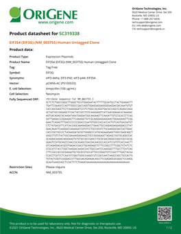 EIF3S4 (EIF3G) (NM 003755) Human Untagged Clone Product Data