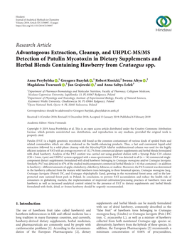 Advantageous Extraction, Cleanup, and UHPLC-MS/MS Detection of Patulin Mycotoxin in Dietary Supplements and Herbal Blends Containing Hawberry from Crataegus Spp