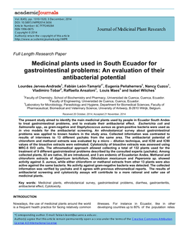 Medicinal Plants Used in South Ecuador for Gastrointestinal Problems: an Evaluation of Their Antibacterial Potential