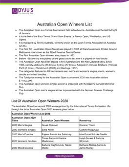 Australian Open Winners List