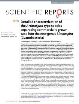 Detailed Characterization of the Arthrospira Type Species Separating