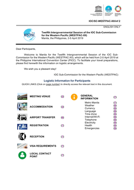 Logistic Information for Participants QUICK LINKS (Click on Page Number) to Directly Access the Relevant Text in This Document