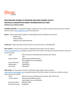 NEW ENGLAND JOURNAL of MEDICINE and NEJM JOURNAL WATCH INDIVIDUAL SUBSCRIPTION AGENCY INFORMATION FACT SHEET (Valid for Years 2018 and 2019)