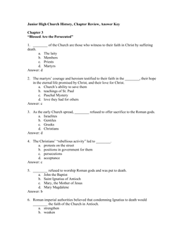 Junior High Church History, Chapter Review, Answer Key