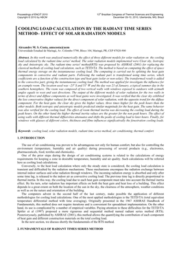 COOLING LOAD CALCULATION by the RADIANT TIME SERIES METHOD– EFFECT of SOLAR RADIATION MODELS (TIMES NEW ROMAN, BOLD, SIZE 14) (Single Blank Line Size 14) Alexandre M