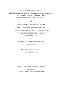 L'art Musical (1860-70; 1872-94), Prototype Ripm Catalogue and Keyword-Author Index: an Assay of Ripm Methodology and Introductory Study of the Journal