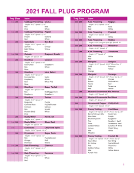 2021 FALL PLUG PROGRAM Tray Sizes Item Tray Sizes Item 144 288 Cabbage Flowering Osaka 144 288 Kale Flowering Nagoya