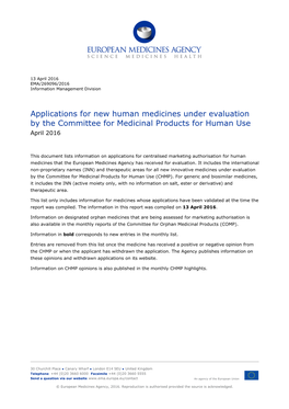 List Item Applications for New Human Medicines Under Evaluation by The