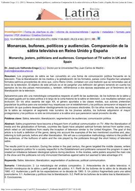 Monarcas, Bufones, Políticos Y Audiencias Comparación De La Sátira Televisiva En Reino Unido Y España, Revista Latina De Comu