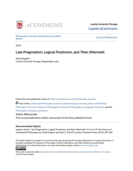 Late Pragmatism, Logical Positivism, and Their Aftermath