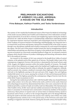 Preliminary Excavations at Ambroyi Village, Armenia: a House on the Silk Road Frina Babayan, Kathryn Franklin, and Tasha Vorderstrasse