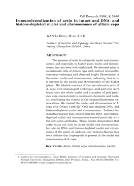 Immunolcocalization of Actin in Intact and DNA- and Histone-Depleted Nuclei and Chromosomes of Allium Cepa