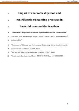 Impact of Anaerobic Digestion and Centrifugation/Decanting Processes