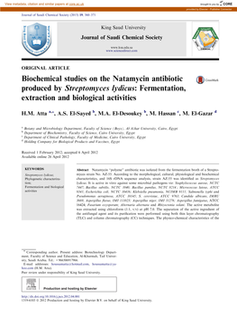 Biochemical Studies on the Natamycin Antibiotic Produced by Streptomyces Lydicus: Fermentation, Extraction and Biological Activities