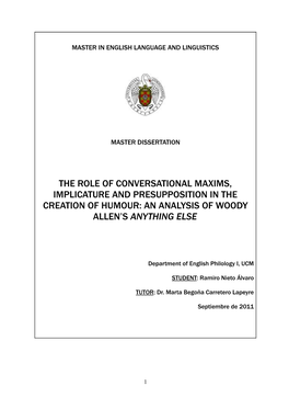 The Role of Conversational Maxims, Implicature and Presupposition in the Creation of Humour: an Analysis of Woody Allen’S Anything Else