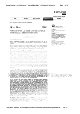 Prime Minister Lee Hsien Loong's National Day Rally 2012 (Speech in English) �Page 1 of 10