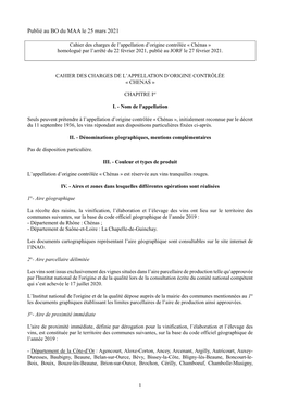 Cahier Des Charges De L'appellation D'origine Contrôlée Chénas