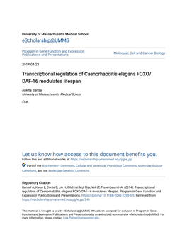 Transcriptional Regulation of Caenorhabditis Elegans FOXO/DAF-16 Modulates Lifespan