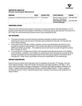 MOTION NO. M2011-23 Elevator and Escalator Maintenance