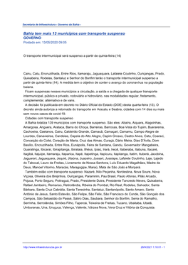 Bahia Tem Mais 13 Municípios Com Transporte Suspenso GOVERNO Postado Em: 13/05/2020 09:05