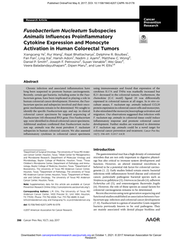 Fusobacterium Nucleatum Subspecies Animalis Influences Proinflammatory Cytokine Expression and Monocyte Activation in Human Colorectal Tumors