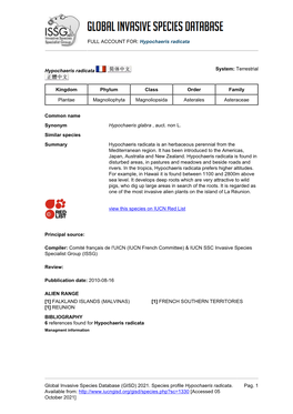 FULL ACCOUNT FOR: Hypochaeris Radicata Global Invasive Species Database (GISD) 2021. Species Profile Hypochaeris Radicata. Avail