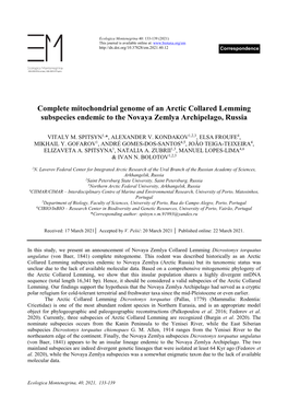 Complete Mitochondrial Genome of an Arctic Collared Lemming Subspecies Endemic to the Novaya Zemlya Archipelago, Russia