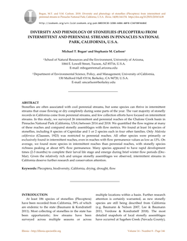 Diversity and Phenology of Stoneflies (Plecoptera) from Intermittent and Perennial Streams in Pinnacles National Park, California, U.S.A