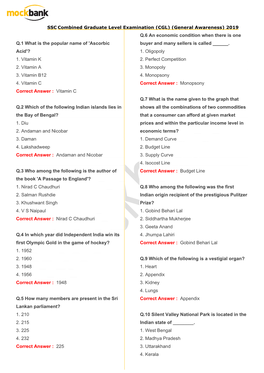 General Awareness) 2019 Q.6 an Economic Condition When There Is One Q.1 What Is the Popular Name of 'Ascorbic Buyer and Many Sellers Is Called ______