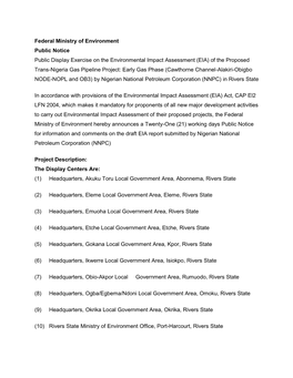 Federal Ministry of Environment Public Notice Public Display Exercise on the Environmental Impact Assessment (EIA) of the Propos