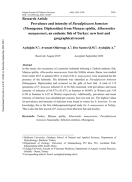 Monogenea: Diplozoidae) from Manyas Spirlin, Alburnoides Manyasensis, an Endemic Fish of Turkey: New Host and Geographical Record