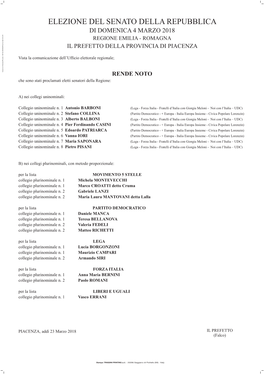 Elezione Del Senato Della Repubblica Di Domenica 4 Marzo 2018 Regione Emilia - Romagna Il Prefetto Della Provincia Di Piacenza