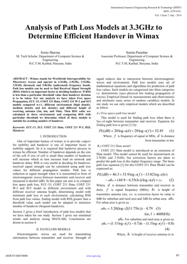 Analysis of Path Loss Models at 3.3Ghz to Determine Efficient Handover in Wimax