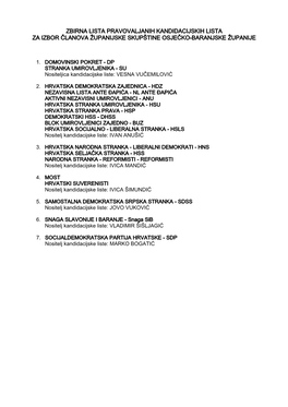Zbirna Lista Pravovaljanih Kandidacijskih Lista Za Izbor Članova Županijske Skupštine Osječko-Baranjske Županije