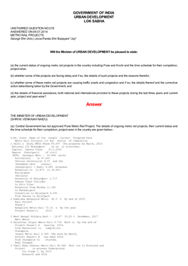 ANSWERED ON:09.07.2014 METRO RAIL PROJECTS George Shri (Adv.) Joice;Panda Shri Baijayant "Jay"