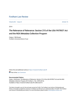 The Relevance of Relevance: Section 215 of the USA PATRIOT Act and the NSA Metadata Collection Program