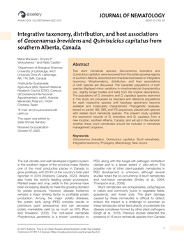 JOURNAL of NEMATOLOGY Integrative Taxonomy, Distribution