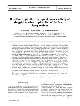 Baseline Respiration and Spontaneous Activity of Sluggish Marine Tropical Fish of the Family Scorpaenidae