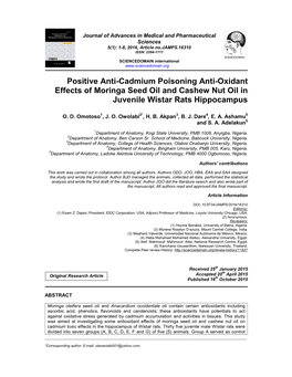 Positive Anti-Cadmium Poisoning Anti-Oxidant Effects of Moringa Seed Oil and Cashew Nut Oil in Juvenile Wistar Rats Hippocampus