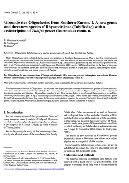 Groundwater Oligochaetes from Southern-Europe. I. a New Genus and Three New Species of Rhyacodrilinae \(Tubificidae\) with A