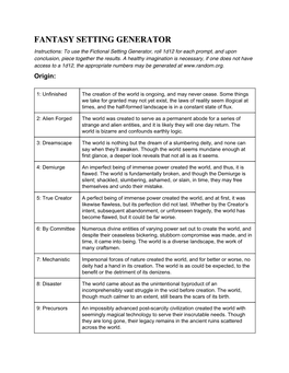 FANTASY SETTING GENERATOR Instructions: to Use the Fictional Setting Generator, Roll 1D12 for Each Prompt, and Upon Conclusion, Piece Together the Results