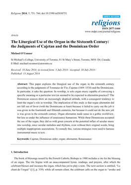 The Liturgical Use of the Organ in the Sixteenth Century: the Judgments of Cajetan and the Dominican Order
