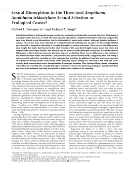 Sexual Dimorphism in the Three-Toed Amphiuma, Amphiuma Tridactylum: Sexual Selection Or Ecological Causes?