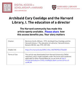 Archibald Cary Coolidge and the Harvard Library, I. the Education of a Director