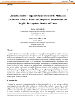 Critical Elements of Supplier Development in the Malaysian Automobile Industry: Parts and Components Procurement and Supplier Development Practice at Proton