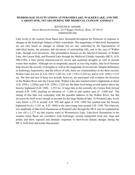 Hydrologic Fluctuations at Pyramid Lake, Walker Lake, and the Carson Sink, Nevada During the Medieval Climate Anomaly