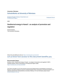 Geothermal Energy in Hawai'i : an Analysis of Promotion and Regulation