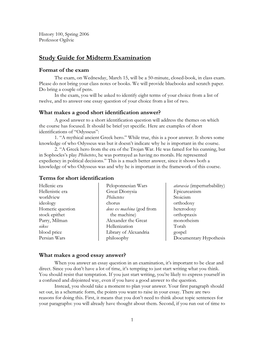 Study Guide for Midterm Examination Format of the Exam the Exam, on Wednesday, March 15, Will Be a 50-Minute, Closed-Book, in Class Exam